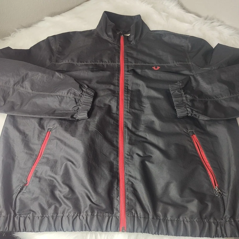 True Religion Windbreaker Jacket Men 2XL Black Red‎ Ripstop Full Zip Horseshoe